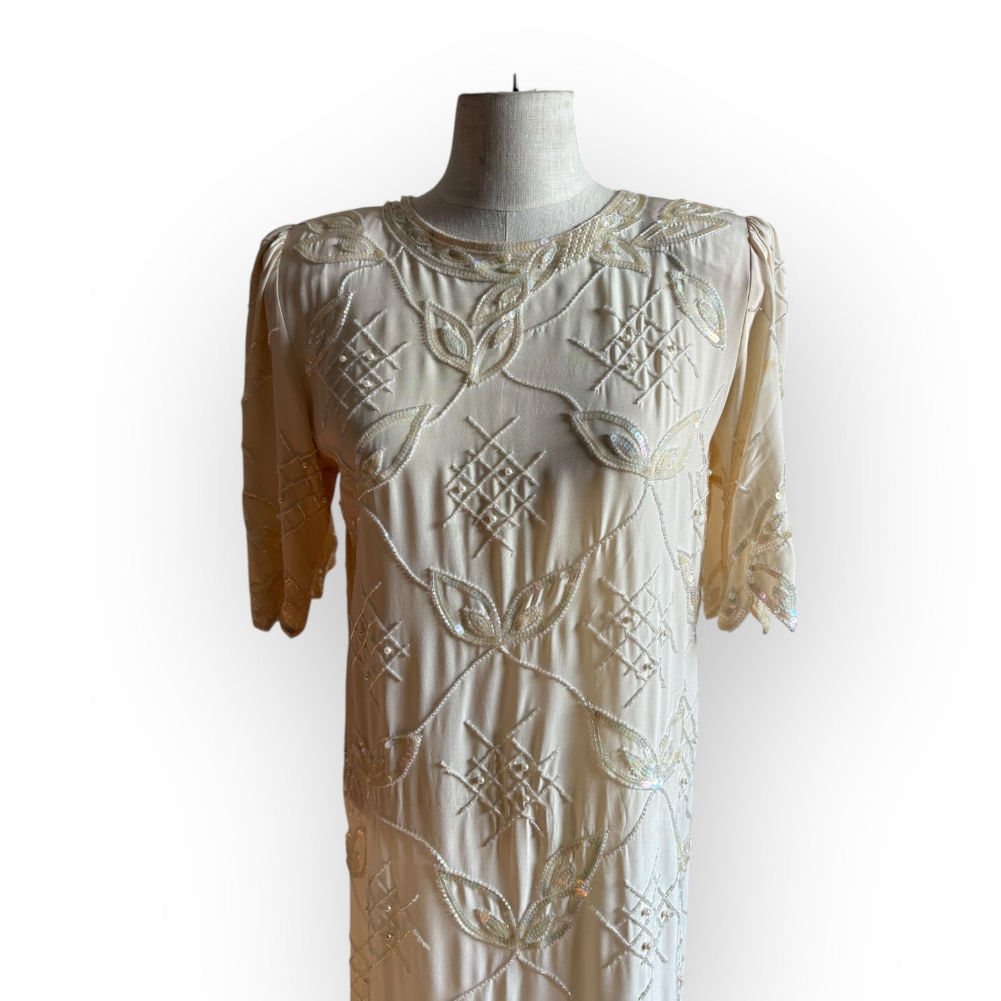 Vintage 1990s Argenti Cream Silk Sequin Short Sleeve Shift Dress