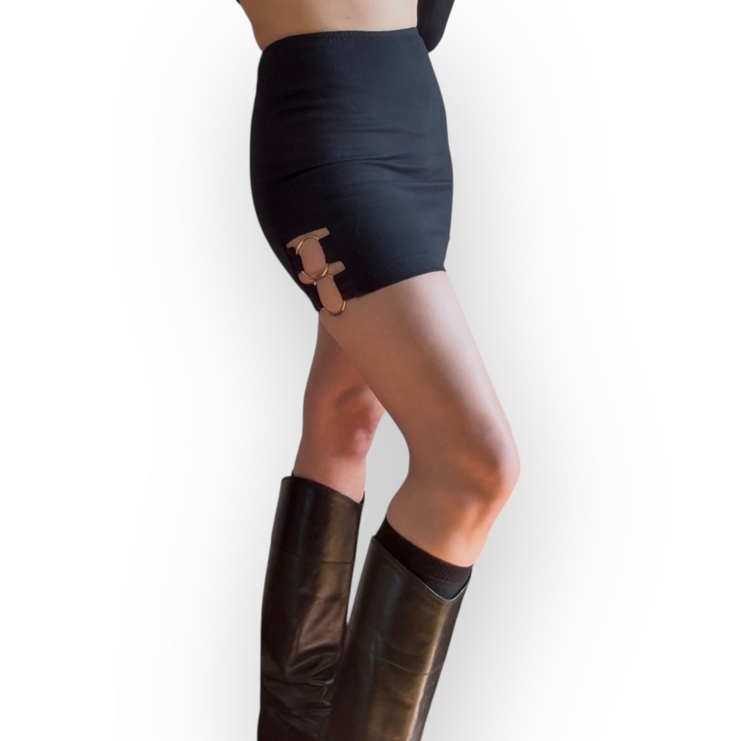 Vintage 1990s Black Stretch Mini Skirt with O Ring Detail