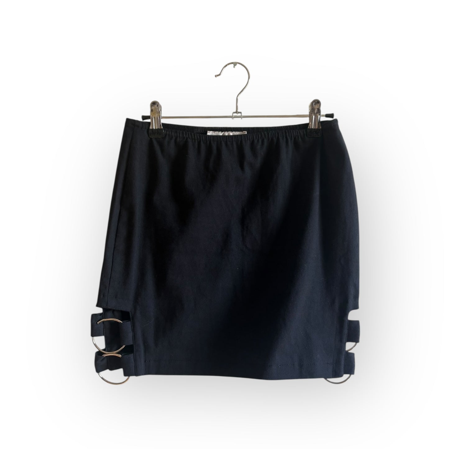 Vintage 1990s Black Stretch Mini Skirt with O Ring Detail