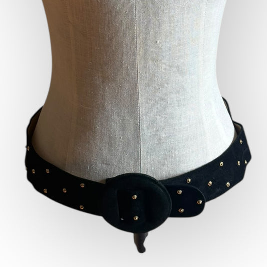 Vintage 1990s Black Leather Velvet Gold Studded Belt