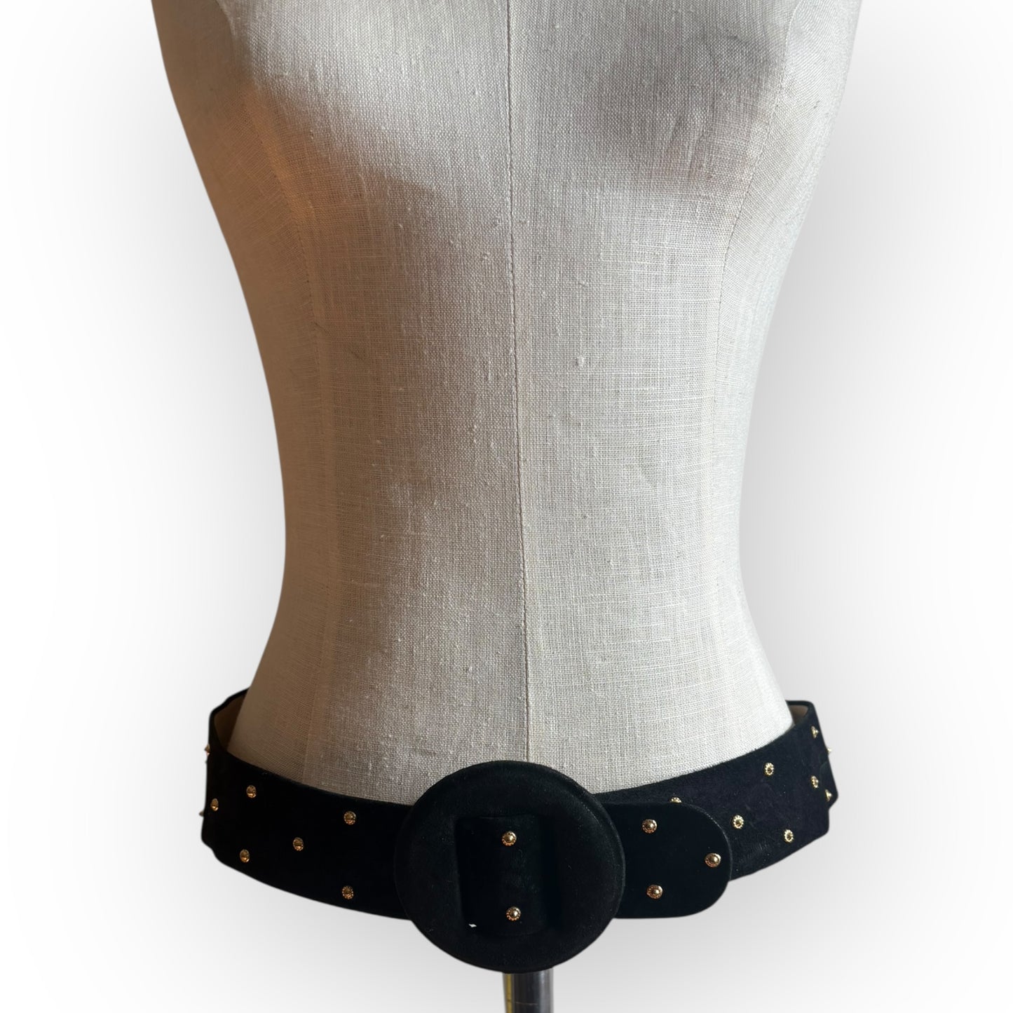 Vintage 1990s Black Leather Velvet Gold Studded Belt