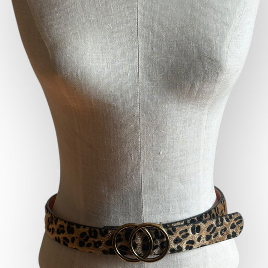 Vintage Leather Faux Leopard Fur Brass Buckle Belt