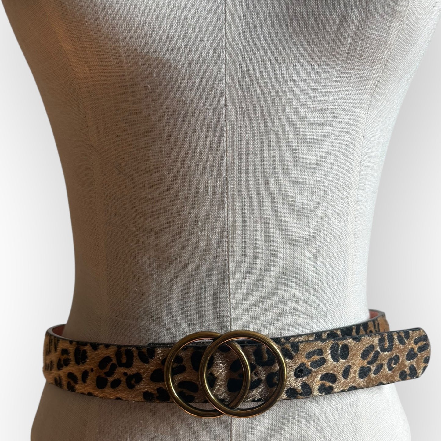 Vintage Leather Faux Leopard Fur Brass Buckle Belt