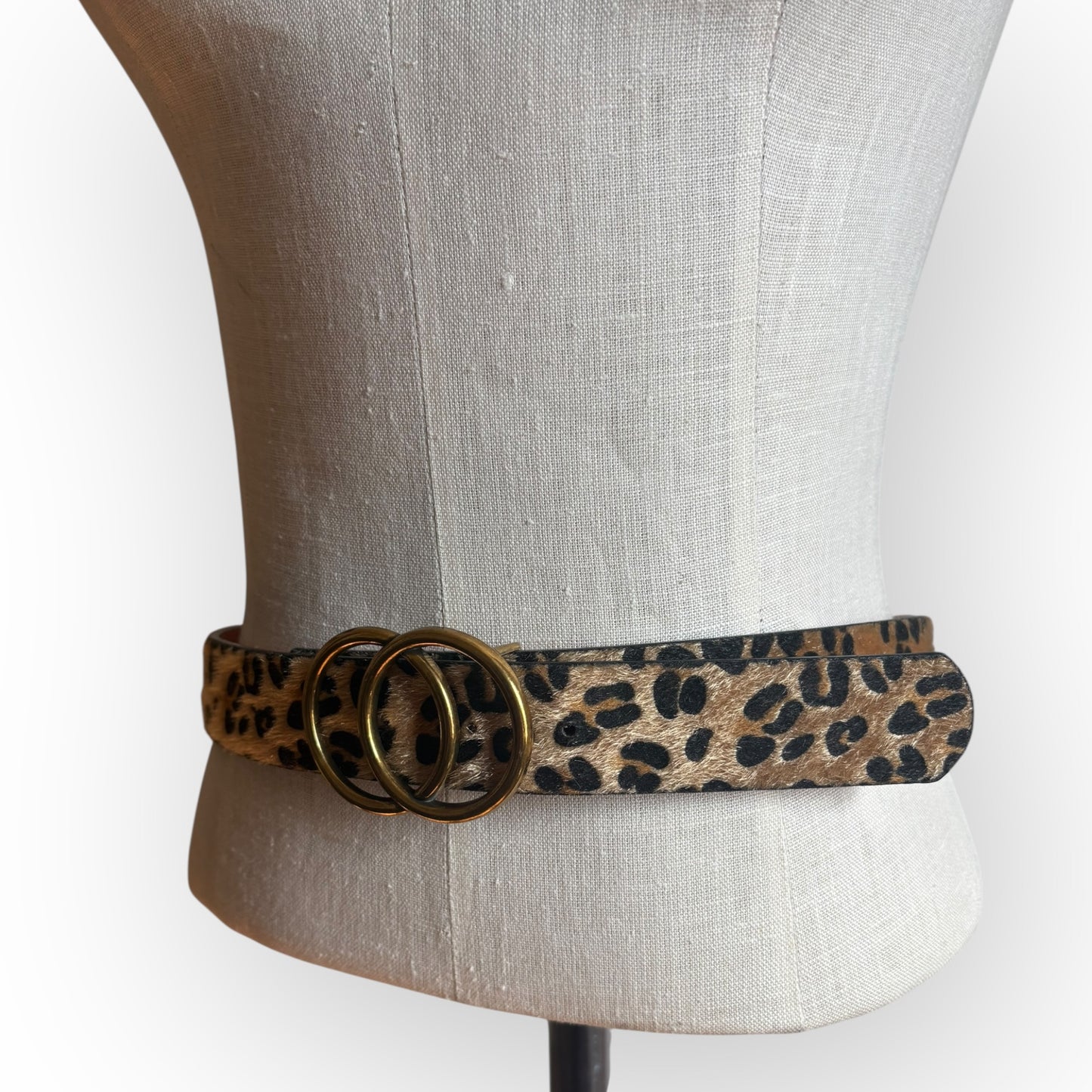 Vintage Leather Faux Leopard Fur Brass Buckle Belt