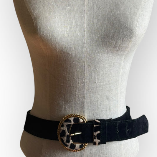Vintage Two Blondes New York Black Leather Suede Fur Cow Print Gold Buckle Belt