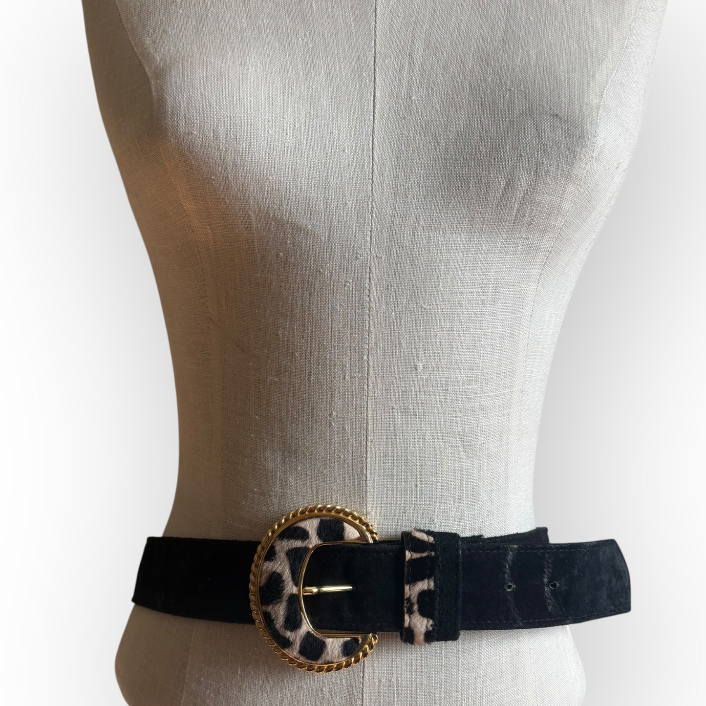 Vintage Two Blondes New York Black Leather Suede Fur Cow Print Gold Buckle Belt