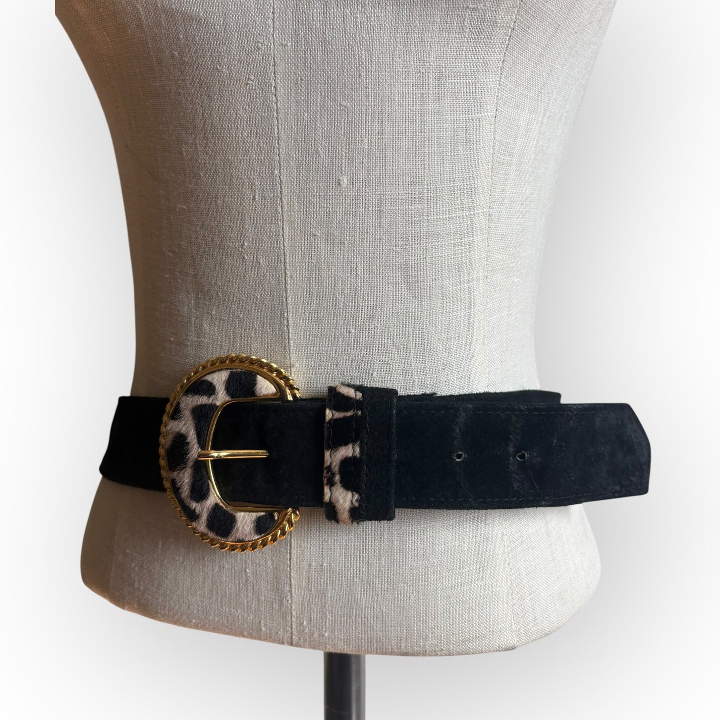 Vintage Two Blondes New York Black Leather Suede Fur Cow Print Gold Buckle Belt