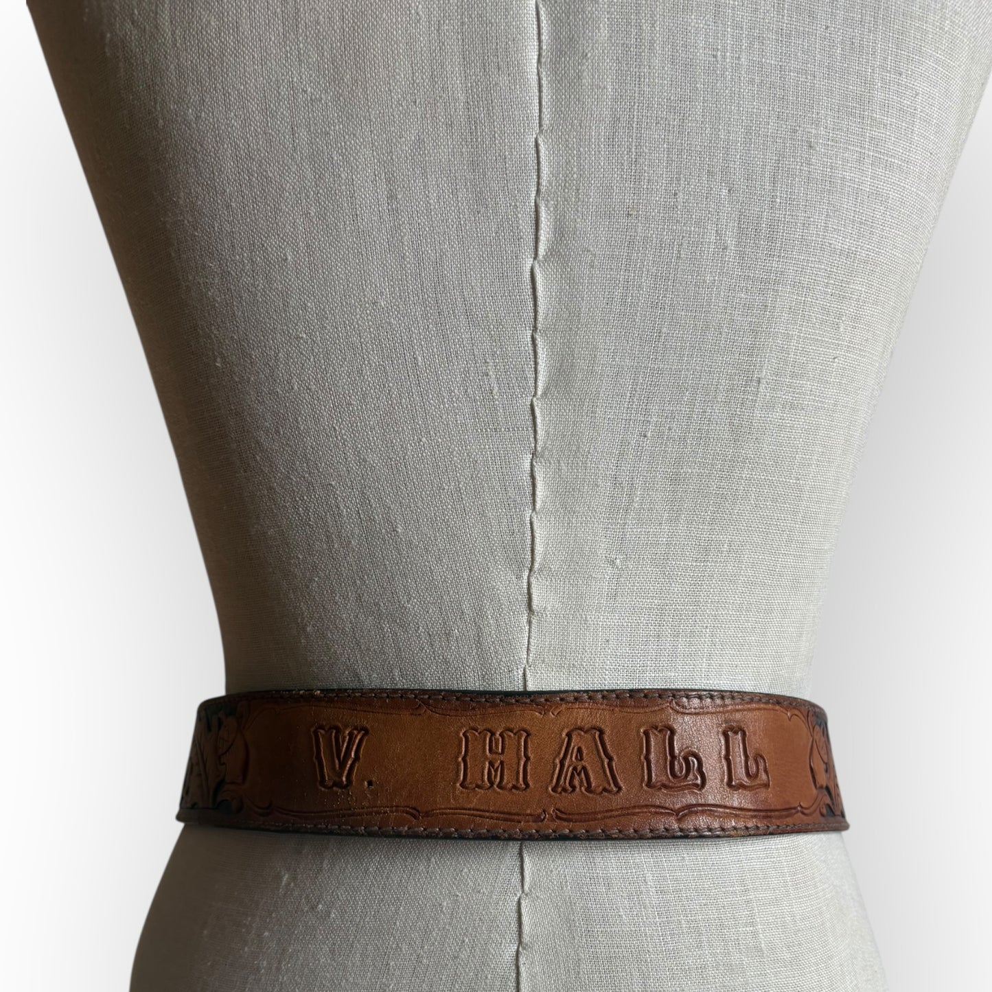 Vintage 1970s Tooled Leather Engraved "V. Hall" Belt (no buckle)
