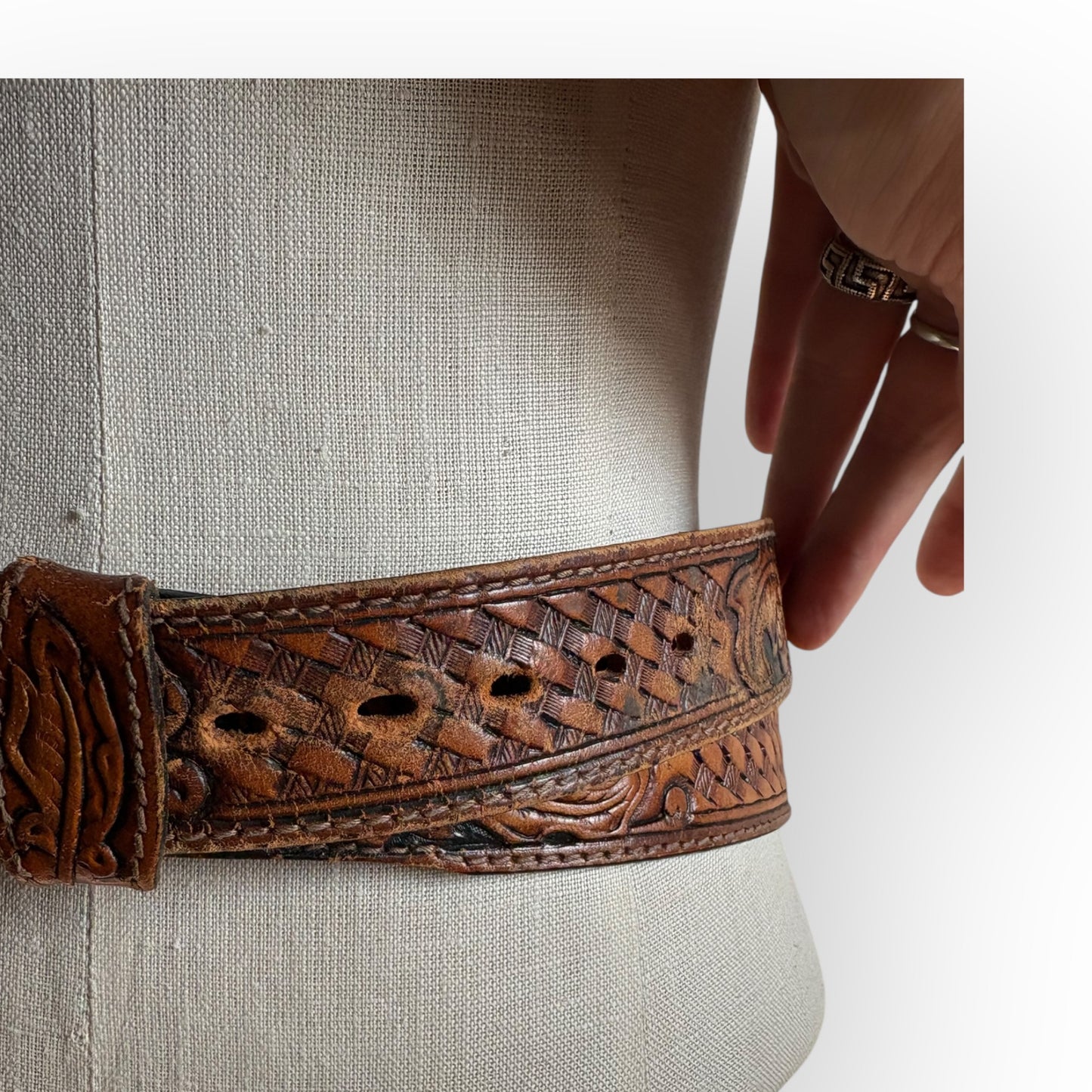 Vintage 1970s Tooled Leather Engraved "V. Hall" Belt (no buckle)