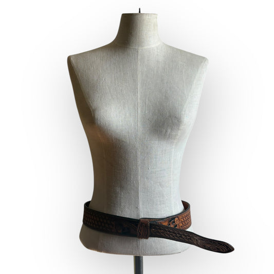 Vintage 1970s Tooled Leather Engraved "V. Hall" Belt (no buckle)