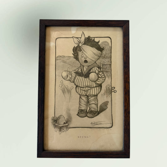 Antique 1906 "Stung!" Framed Lithograph Sketch Illustration by Grace Drayton Wiederseim