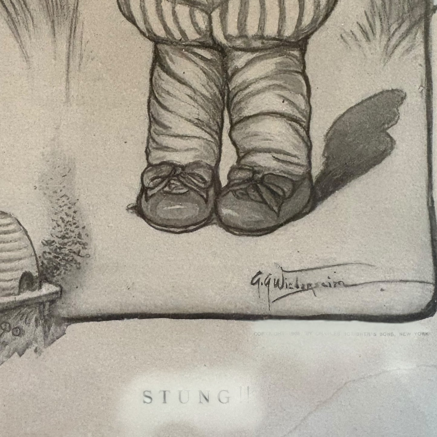 Antique 1906 "Stung!" Framed Lithograph Sketch Illustration by Grace Drayton Wiederseim