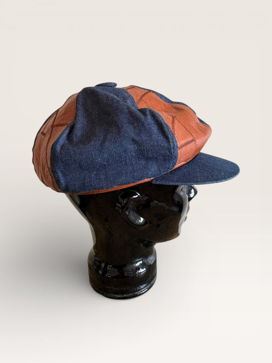 Vintage 1970s Denim and Leather Newsboy Cap