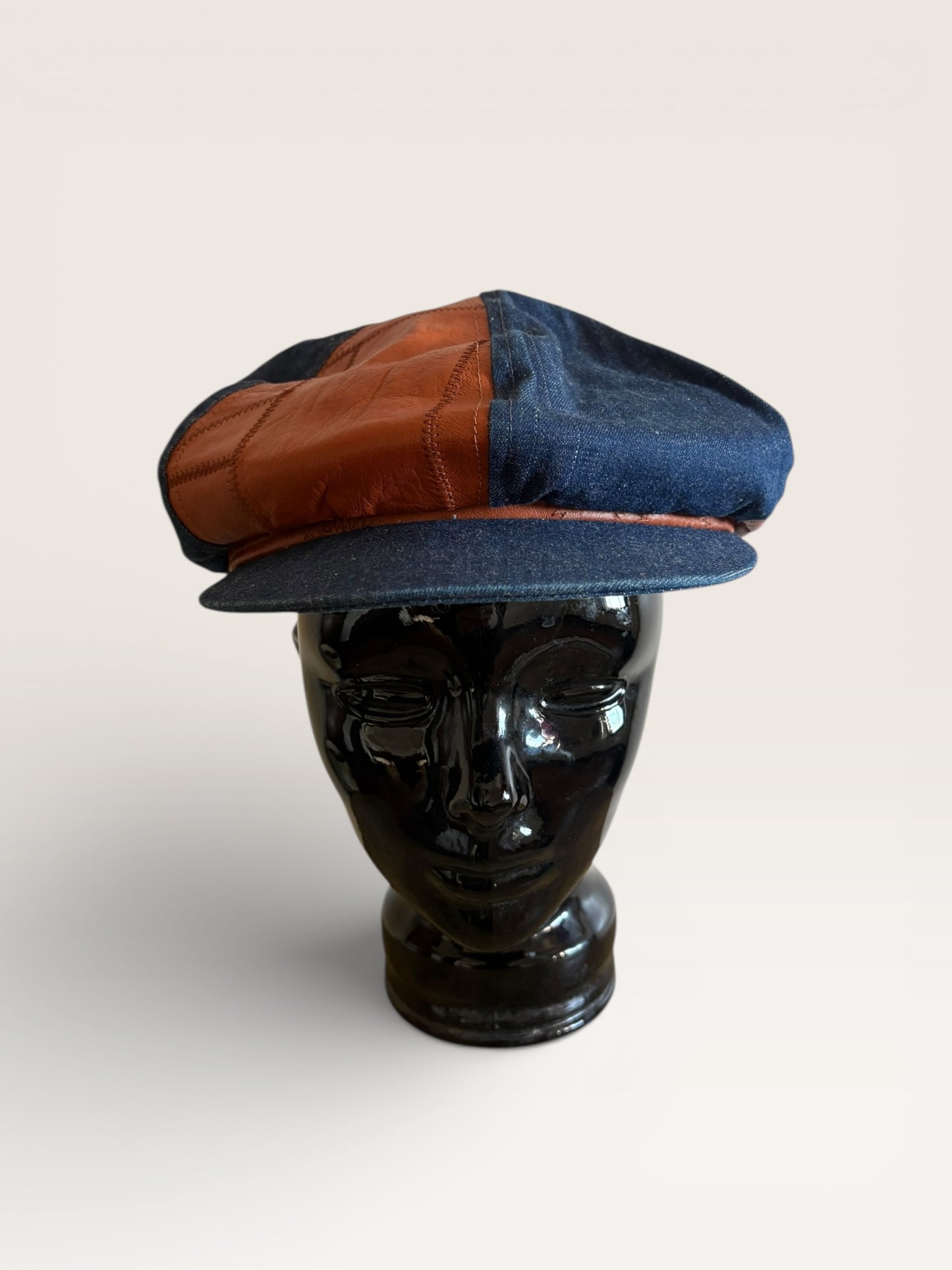Vintage 1970s Denim and Leather Newsboy Cap