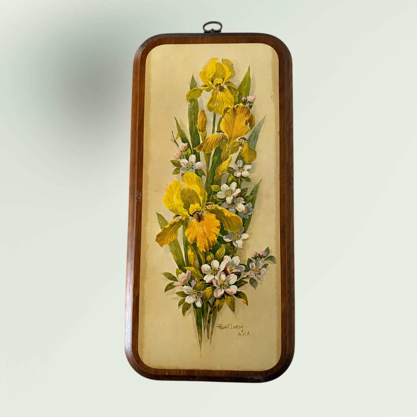 Vintage Robert Laessig A.N.A. Yellow Iris Floral Lithograph on Wood Wall Hanging