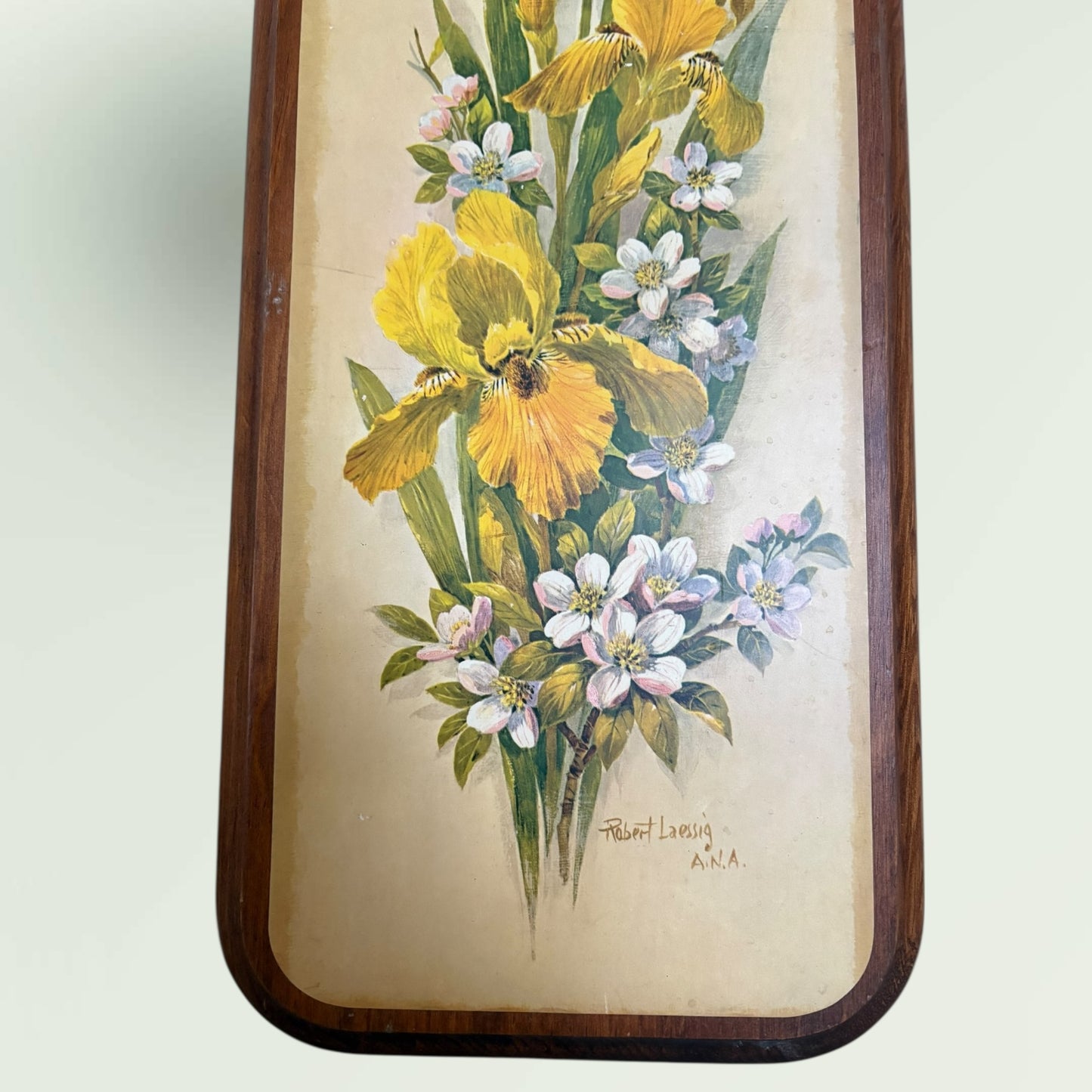 Vintage Robert Laessig A.N.A. Yellow Iris Floral Lithograph on Wood Wall Hanging