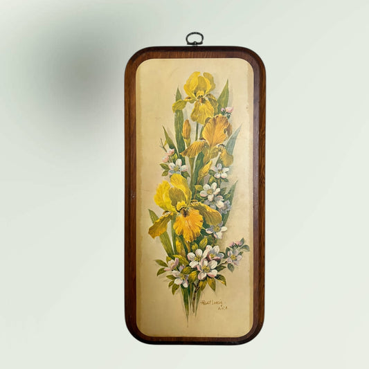 Vintage Robert Laessig A.N.A. Yellow Iris Floral Lithograph on Wood Wall Hanging