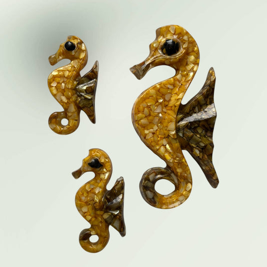 Vintage MCM Lucite Mother of Pearl Seahorse Decorative Wall Plaks Set of 3
